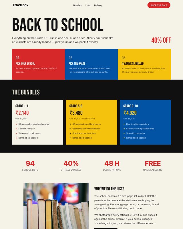 Back to School Sale landing page template — preview