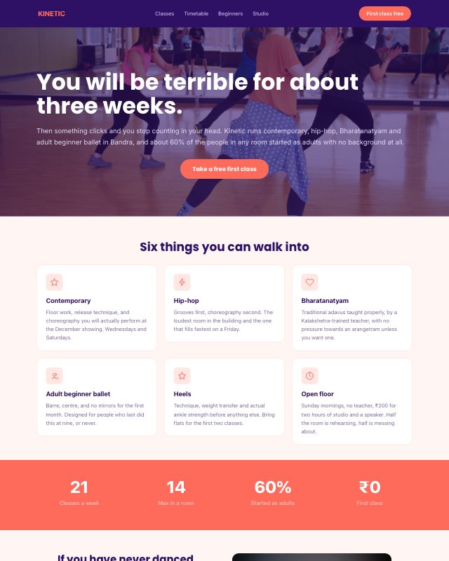 Dance Studio landing page template — preview
