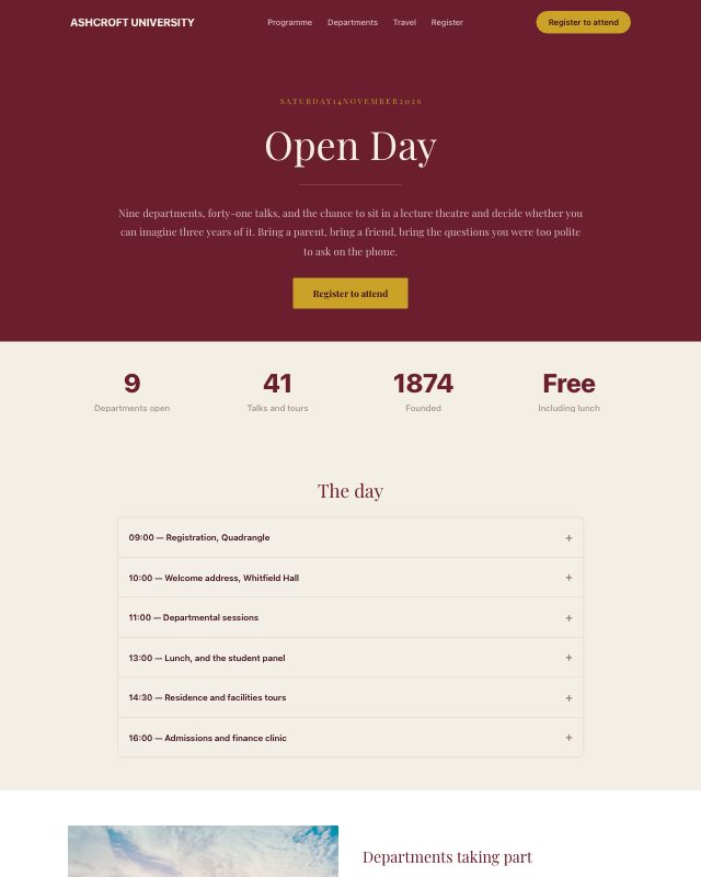 University Open Day landing page template — preview