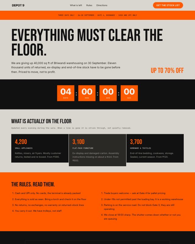 Warehouse Clearance Sale landing page template — preview