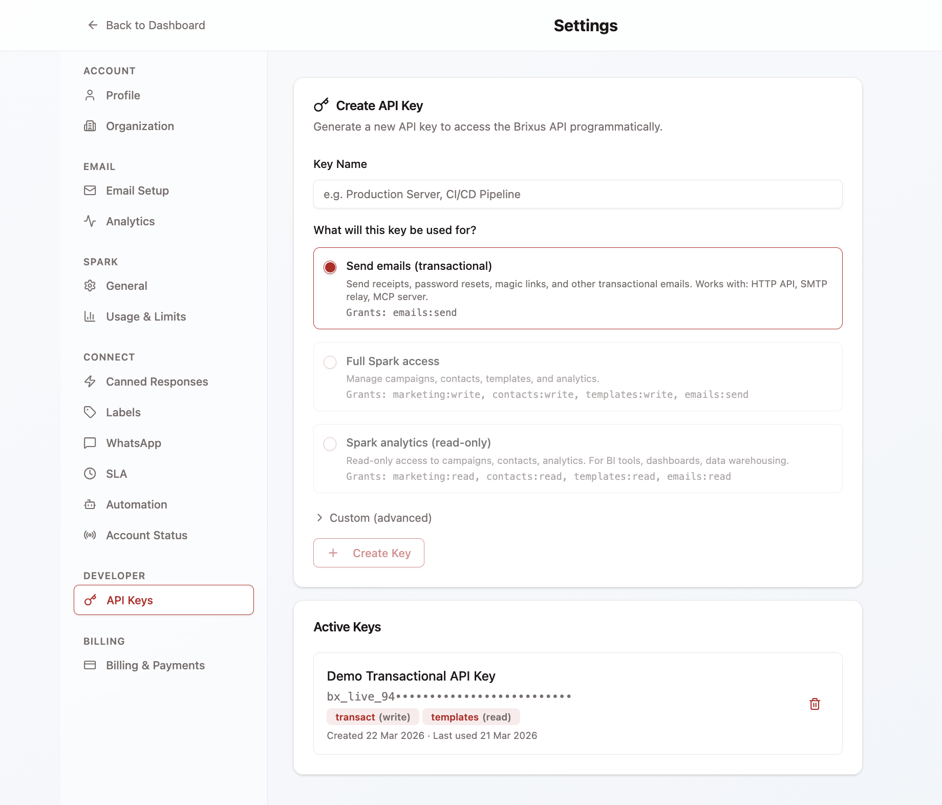 Settings → API Keys page with the Create API Key form open