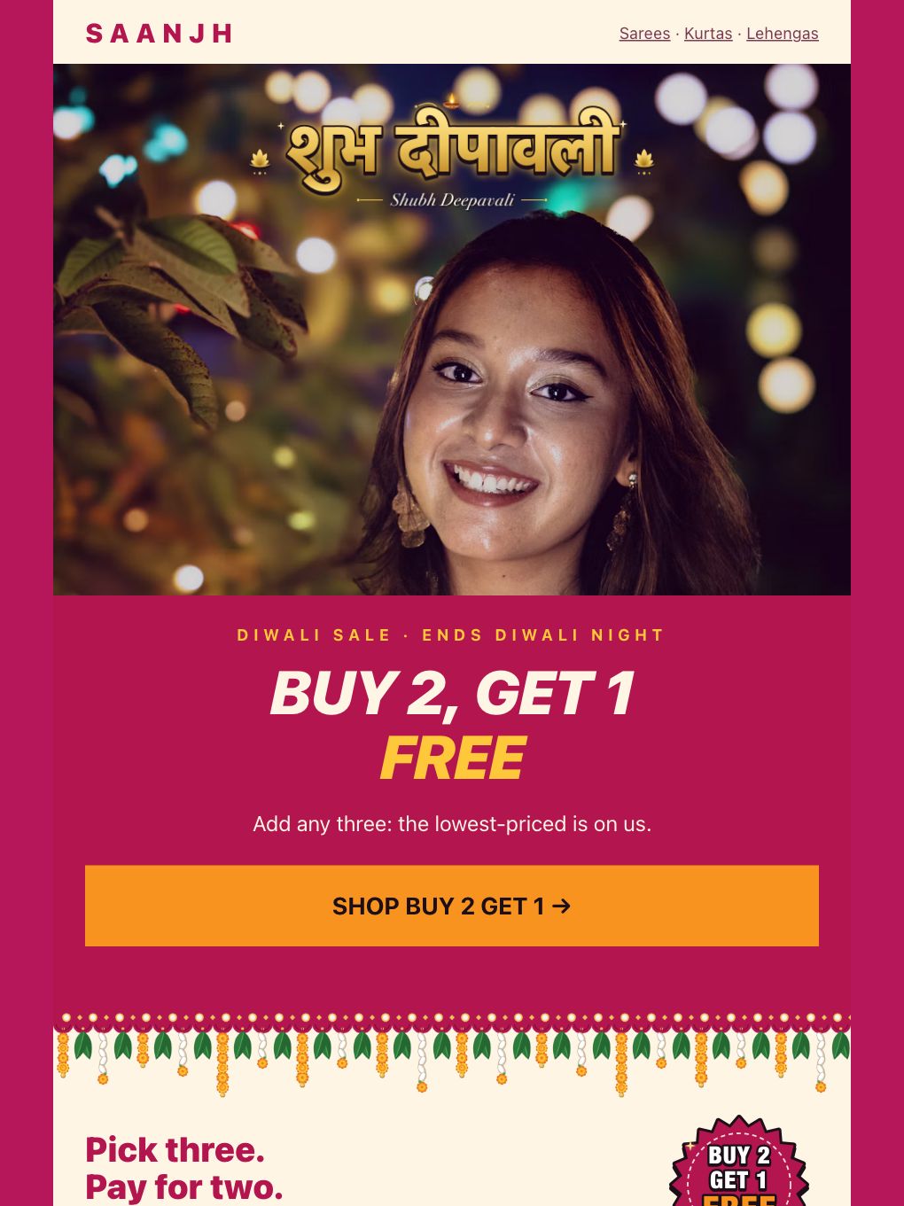 Diwali Buy 2 Get 1 — Ethnic Wear — email template preview