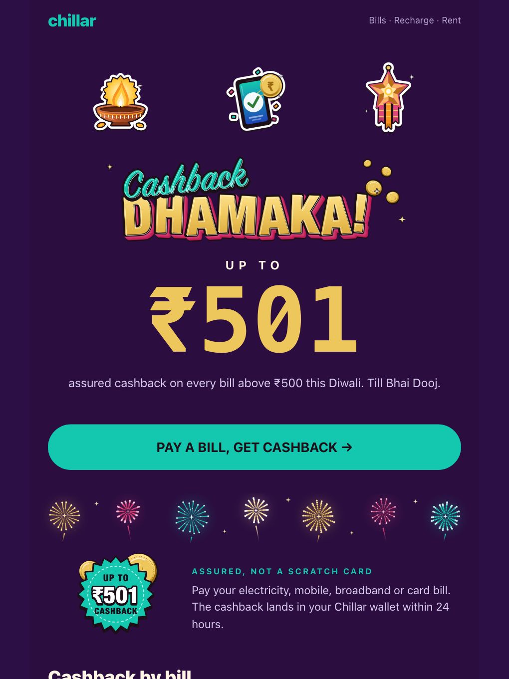 Diwali Cashback + Refer & Earn — Payments App — email template preview